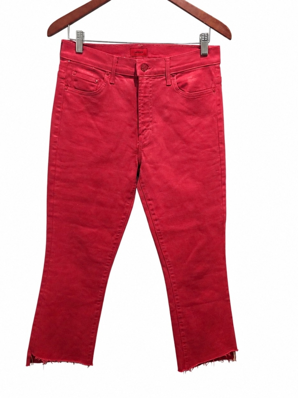 MOTHER The Insider Crop Step Fray Jeans Womens 29 Red Coated Raw Hem Cropped